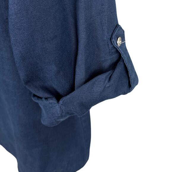 JM Collection Linen Button Up blouse Navy Blue Silver Buttons Lagenlook Size 10 - Picture 3 of 8